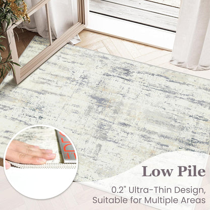 2x3 Washable Rug Small Area Rugs Non Slip Low Pile Modern Abstract | Throw Carpet for Bathroom Entryway Entry Entrance Bedroom Bedside Kitchen Floor Indoor Neutral Grey and Pale Yellow