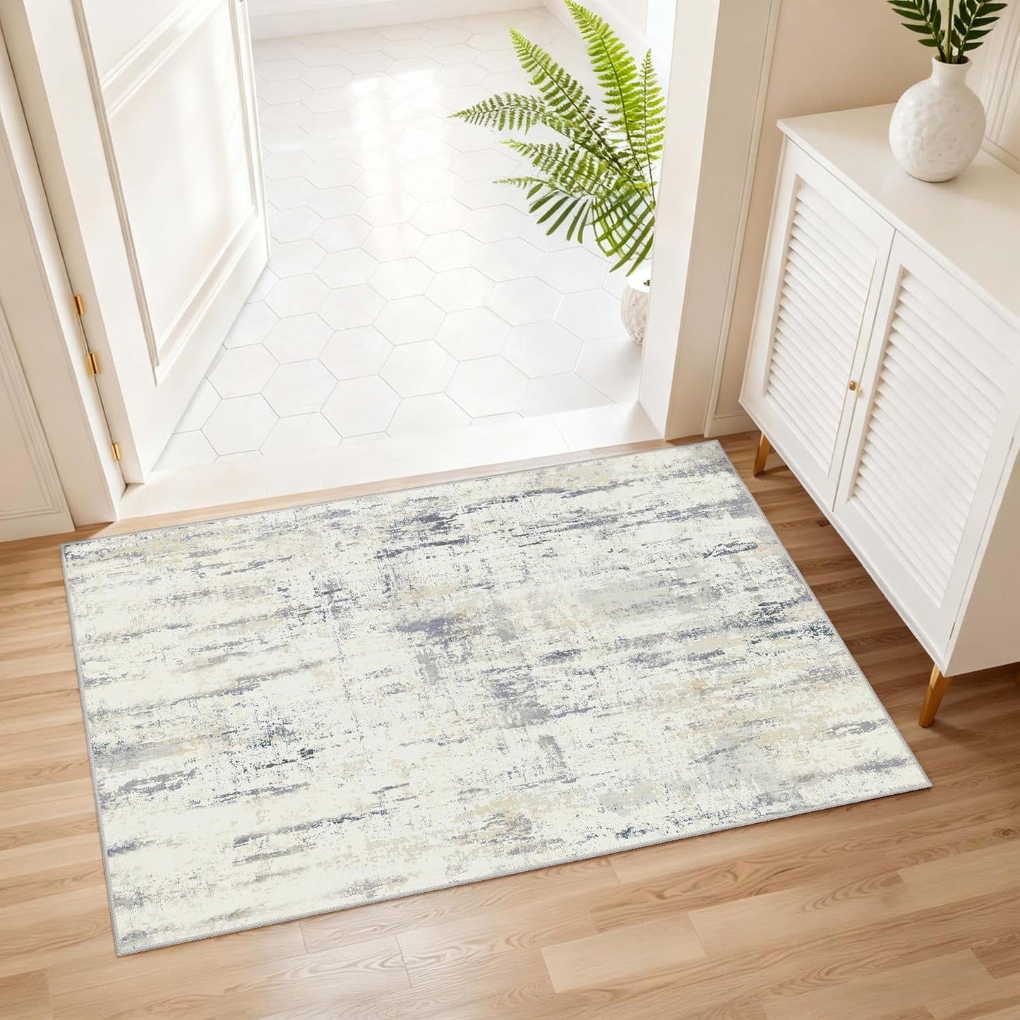 2x3 Washable Rug Small Area Rugs Non Slip Low Pile Modern Abstract | Throw Carpet for Bathroom Entryway Entry Entrance Bedroom Bedside Kitchen Floor Indoor Neutral Grey and Pale Yellow