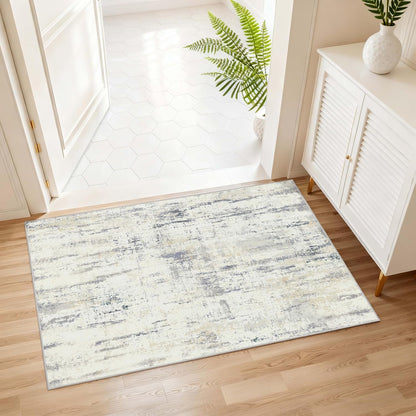 2x3 Washable Rug Small Area Rugs Non Slip Low Pile Modern Abstract | Throw Carpet for Bathroom Entryway Entry Entrance Bedroom Bedside Kitchen Floor Indoor Neutral Grey and Pale Yellow