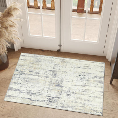 2x3 Washable Rug Small Area Rugs Non Slip Low Pile Modern Abstract | Throw Carpet for Bathroom Entryway Entry Entrance Bedroom Bedside Kitchen Floor Indoor Neutral Grey and Pale Yellow