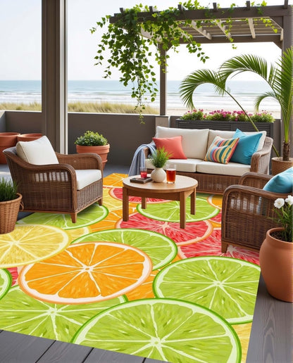 Modern Cute Fruit Slices Pattern Area Rug Fun Grapefruit Lemon Orange Print Waterproof Outdoor Rugs for Porch Patio Deck Balcony Yard Anti Slip Washable Outside Rug 4x6 Easy Clean Camping Carpet