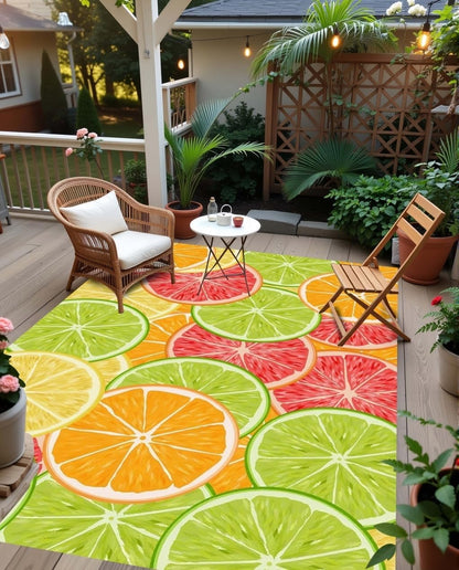 Modern Cute Fruit Slices Pattern Area Rug Fun Grapefruit Lemon Orange Print Waterproof Outdoor Rugs for Porch Patio Deck Balcony Yard Anti Slip Washable Outside Rug 4x6 Easy Clean Camping Carpet