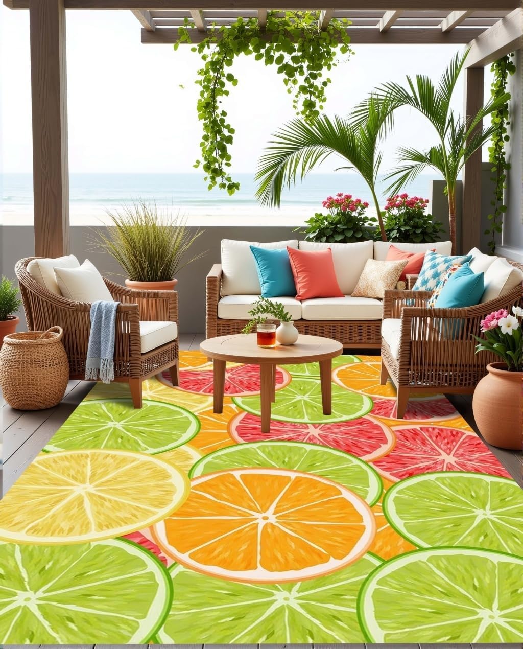 Modern Cute Fruit Slices Pattern Area Rug Fun Grapefruit Lemon Orange Print Waterproof Outdoor Rugs for Porch Patio Deck Balcony Yard Anti Slip Washable Outside Rug 4x6 Easy Clean Camping Carpet
