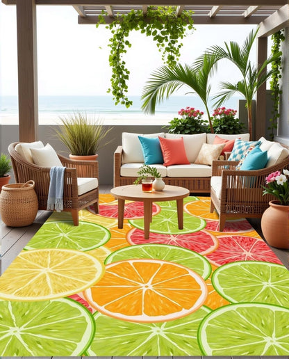 Modern Cute Fruit Slices Pattern Area Rug Fun Grapefruit Lemon Orange Print Waterproof Outdoor Rugs for Porch Patio Deck Balcony Yard Anti Slip Washable Outside Rug 4x6 Easy Clean Camping Carpet