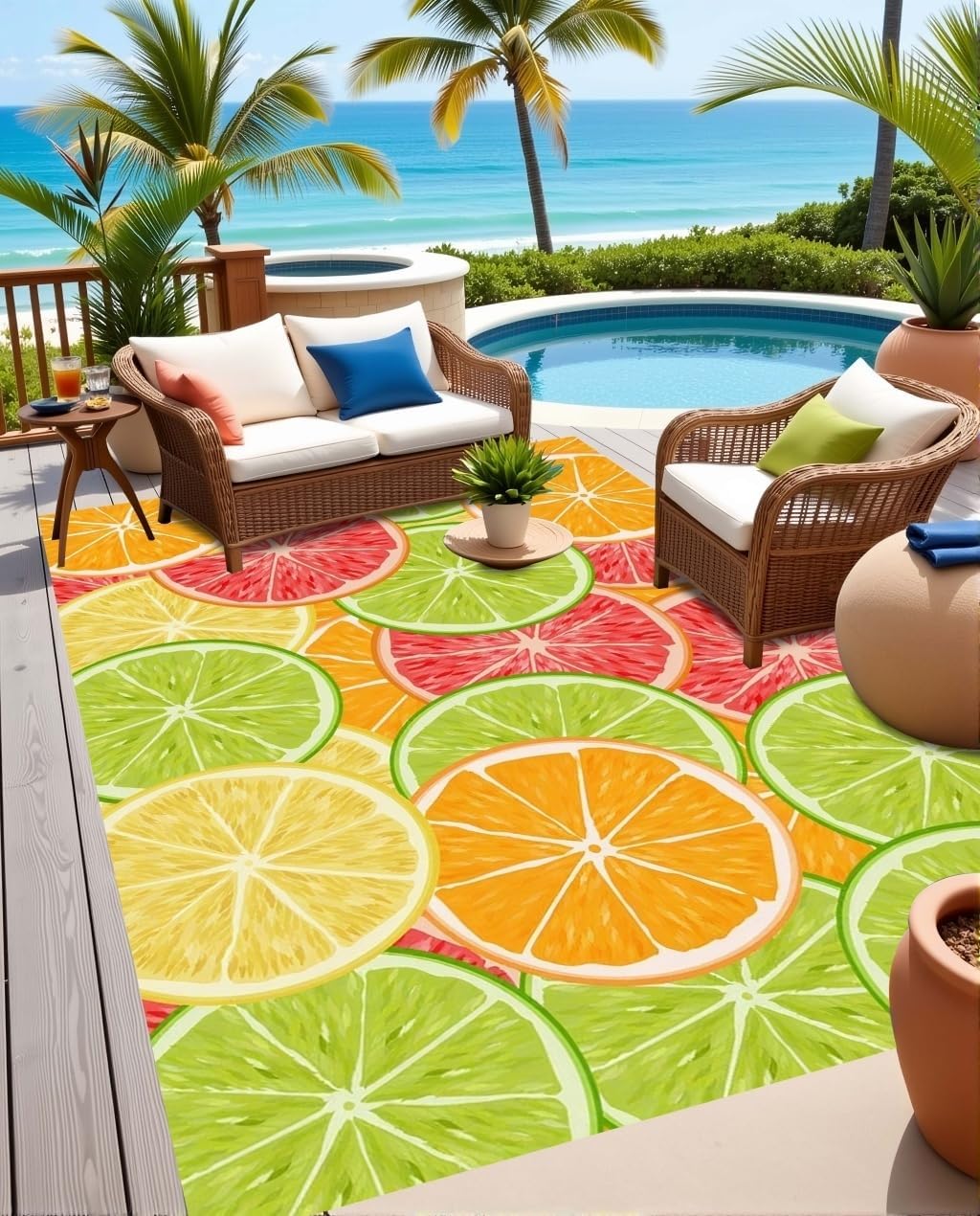 Modern Cute Fruit Slices Pattern Area Rug Fun Grapefruit Lemon Orange Print Waterproof Outdoor Rugs for Porch Patio Deck Balcony Yard Anti Slip Washable Outside Rug 4x6 Easy Clean Camping Carpet