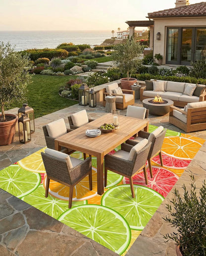 Modern Cute Fruit Slices Pattern Area Rug Fun Grapefruit Lemon Orange Print Waterproof Outdoor Rugs for Porch Patio Deck Balcony Yard Anti Slip Washable Outside Rug 4x6 Easy Clean Camping Carpet