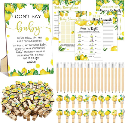321 Pcs A Little Lemon Is On The Way Shower Game Supplies Include 250 Activity Cards 20 Pencils 1 Don't Say Sign 50 Clothespins for Bingo Game Party Decor