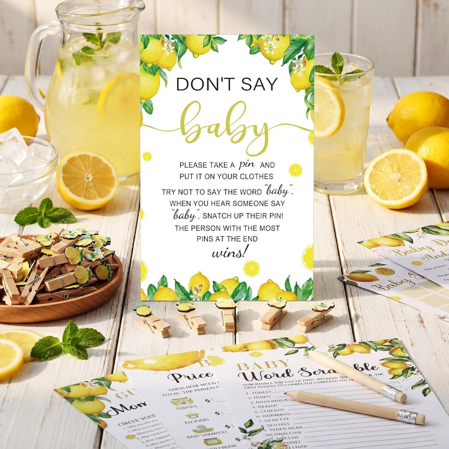 321 Pcs A Little Lemon Is On The Way Shower Game Supplies Include 250 Activity Cards 20 Pencils 1 Don't Say Sign 50 Clothespins for Bingo Game Party Decor
