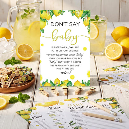 321 Pcs A Little Lemon Is On The Way Shower Game Supplies Include 250 Activity Cards 20 Pencils 1 Don't Say Sign 50 Clothespins for Bingo Game Party Decor