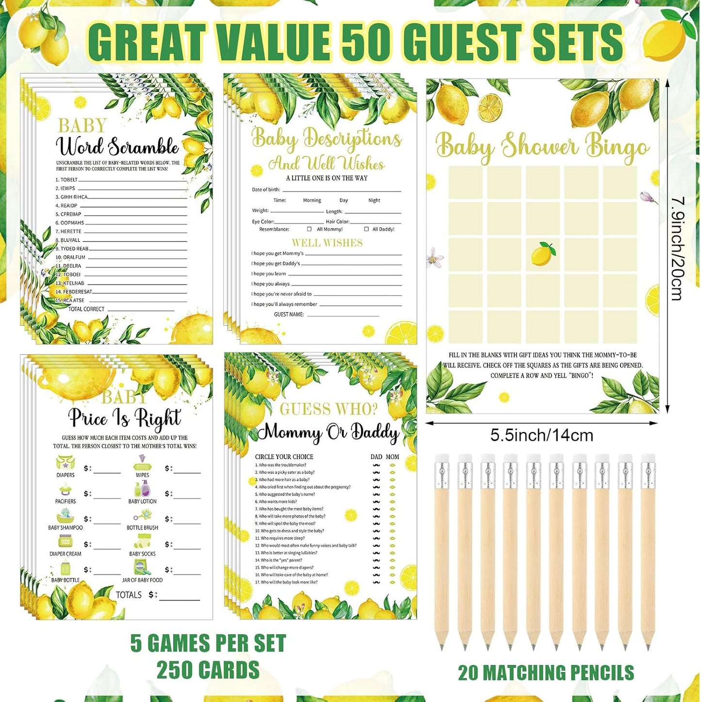 321 Pcs A Little Lemon Is On The Way Shower Game Supplies Include 250 Activity Cards 20 Pencils 1 Don't Say Sign 50 Clothespins for Bingo Game Party Decor