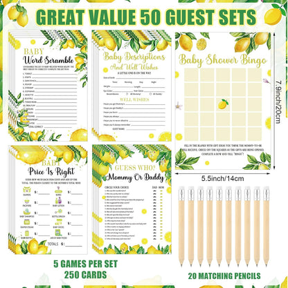 321 Pcs A Little Lemon Is On The Way Shower Game Supplies Include 250 Activity Cards 20 Pencils 1 Don't Say Sign 50 Clothespins for Bingo Game Party Decor