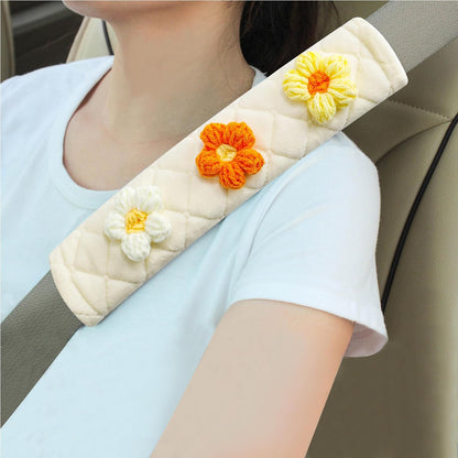 2-Pack Soft Seat Belt Covers Universal Car Shoulder Pad Cushions for Comfortable Driving & Bag Strap Protection Off-White Knitted Flower (Yellow & Orange)