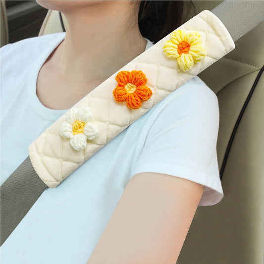 2-Pack Soft Seat Belt Covers Universal Car Shoulder Pad Cushions for Comfortable Driving & Bag Strap Protection Off-White Knitted Flower (Yellow & Orange)