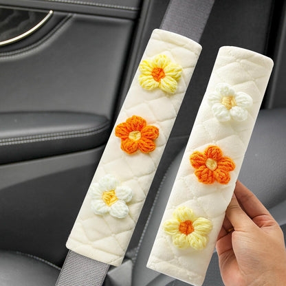 2-Pack Soft Seat Belt Covers Universal Car Shoulder Pad Cushions for Comfortable Driving & Bag Strap Protection Off-White Knitted Flower (Yellow & Orange)