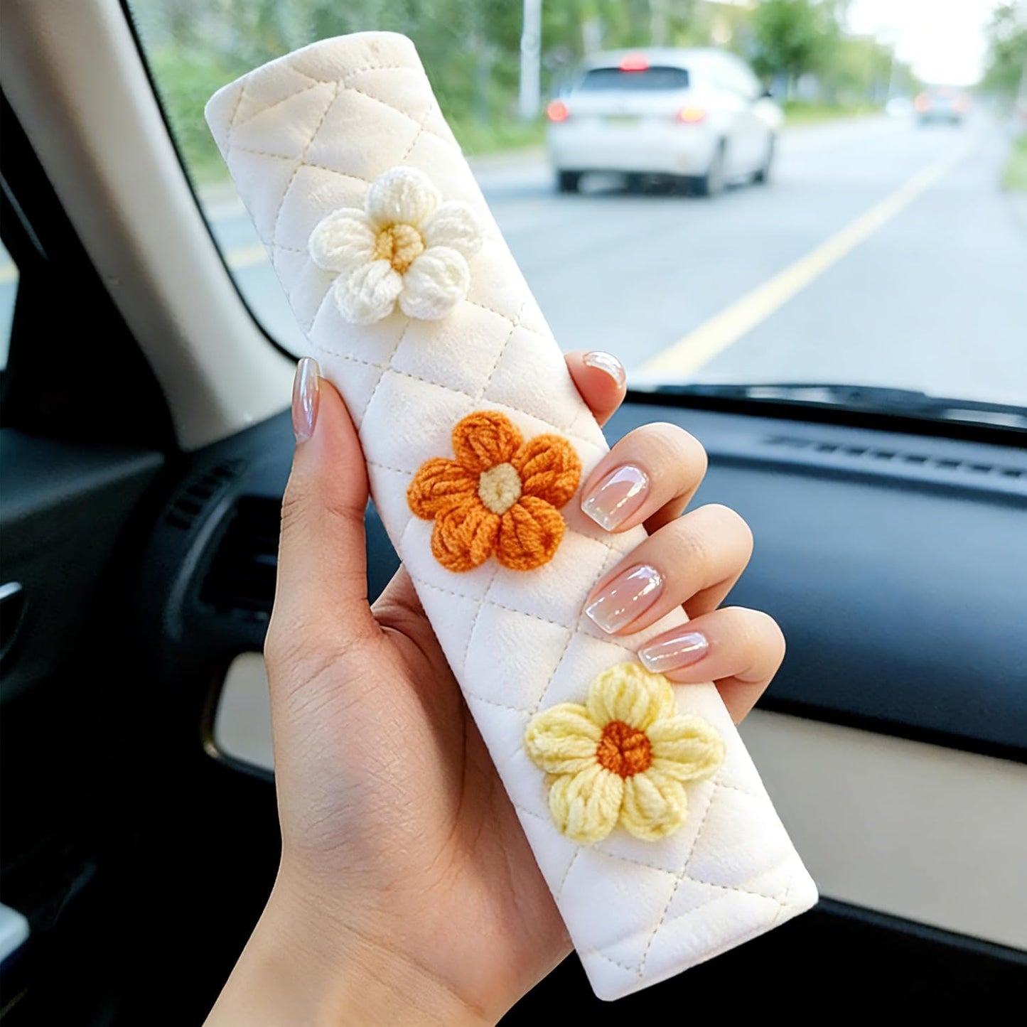 2-Pack Soft Seat Belt Covers Universal Car Shoulder Pad Cushions for Comfortable Driving & Bag Strap Protection Off-White Knitted Flower (Yellow & Orange)