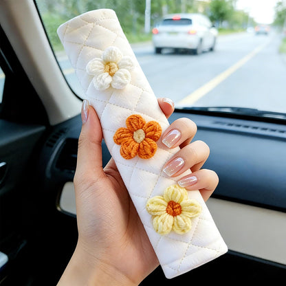 2-Pack Soft Seat Belt Covers Universal Car Shoulder Pad Cushions for Comfortable Driving & Bag Strap Protection Off-White Knitted Flower (Yellow & Orange)