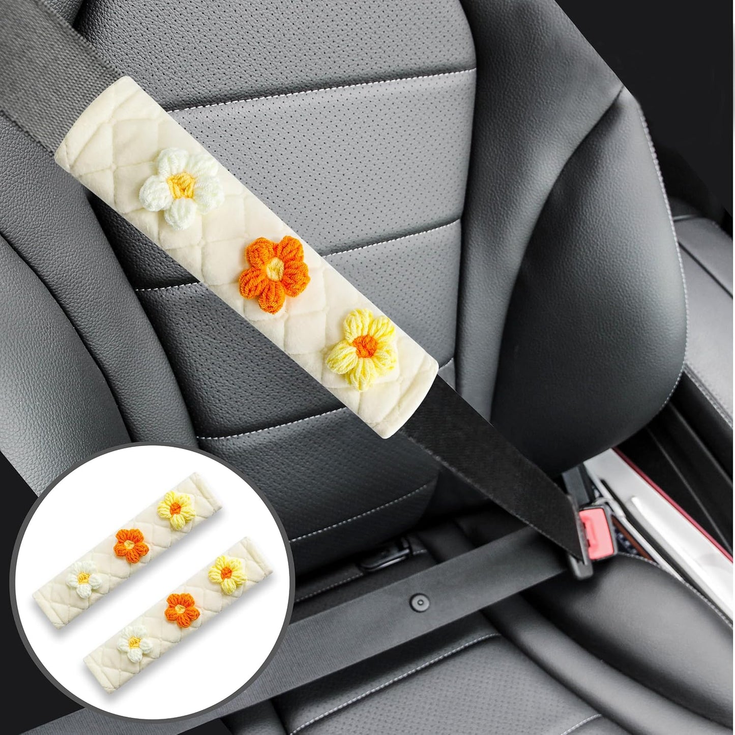 2-Pack Soft Seat Belt Covers Universal Car Shoulder Pad Cushions for Comfortable Driving & Bag Strap Protection Off-White Knitted Flower (Yellow & Orange)