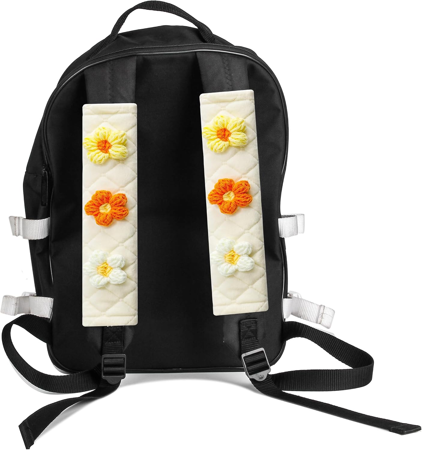 2-Pack Soft Seat Belt Covers Universal Car Shoulder Pad Cushions for Comfortable Driving & Bag Strap Protection Off-White Knitted Flower (Yellow & Orange)