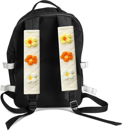 2-Pack Soft Seat Belt Covers Universal Car Shoulder Pad Cushions for Comfortable Driving & Bag Strap Protection Off-White Knitted Flower (Yellow & Orange)