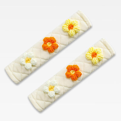 2-Pack Soft Seat Belt Covers Universal Car Shoulder Pad Cushions for Comfortable Driving & Bag Strap Protection Off-White Knitted Flower (Yellow & Orange)