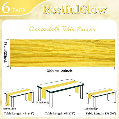 6 Pack Yellow Cheesecloth Table Runner 10FT Boho Cheese Cloths Gauze Fabric Table Runners 120 Inch Rustic Sheer for Summer Wedding Birthday Party Baby Shower Holiday Home