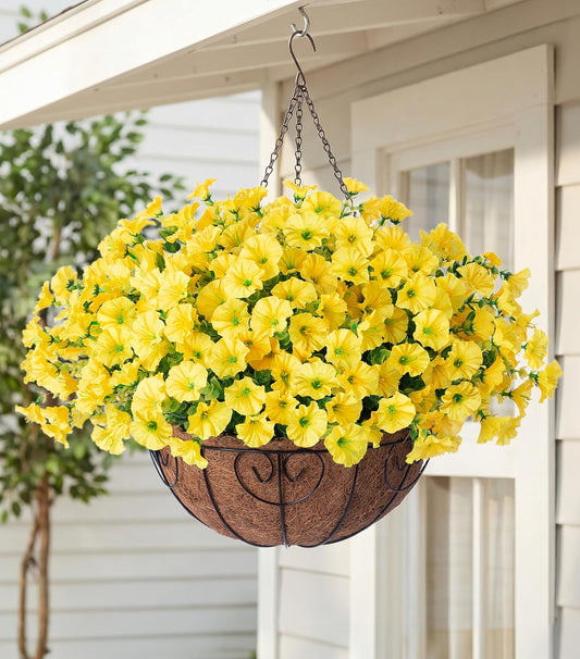 Artificial Fake Hanging Flowers Plants Baskets for Spring Outdoors Decor, Faux Silk Morning Glory in Planter UV Resistant Realistic Outside Flowers for Outdoor Porch Patio Balcony Yard Home, Yellow