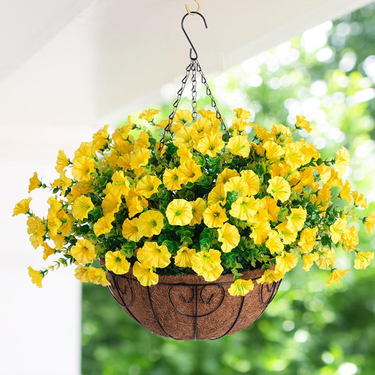 Artificial Fake Hanging Flowers Plants Baskets for Spring Outdoors Decor, Faux Silk Morning Glory in Planter UV Resistant Realistic Outside Flowers for Outdoor Porch Patio Balcony Yard Home, Yellow