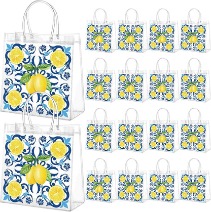 24 Pcs Capri Lemon Party Gift Bags Clear Blue Tiles Lemon Goodie Bags with Handle 8 x 8 x 3.15 Inch Return Gift Wrap Totes Italian Gifts for Women Guests Amalfi Coast Party Birthday Supplies