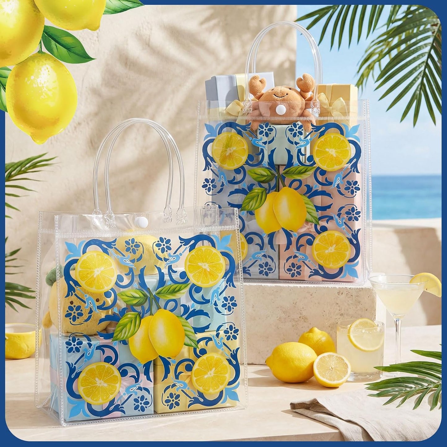 24 Pcs Capri Lemon Party Gift Bags Clear Blue Tiles Lemon Goodie Bags with Handle 8 x 8 x 3.15 Inch Return Gift Wrap Totes Italian Gifts for Women Guests Amalfi Coast Party Birthday Supplies
