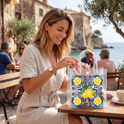 24 Pcs Capri Lemon Party Gift Bags Clear Blue Tiles Lemon Goodie Bags with Handle 8 x 8 x 3.15 Inch Return Gift Wrap Totes Italian Gifts for Women Guests Amalfi Coast Party Birthday Supplies