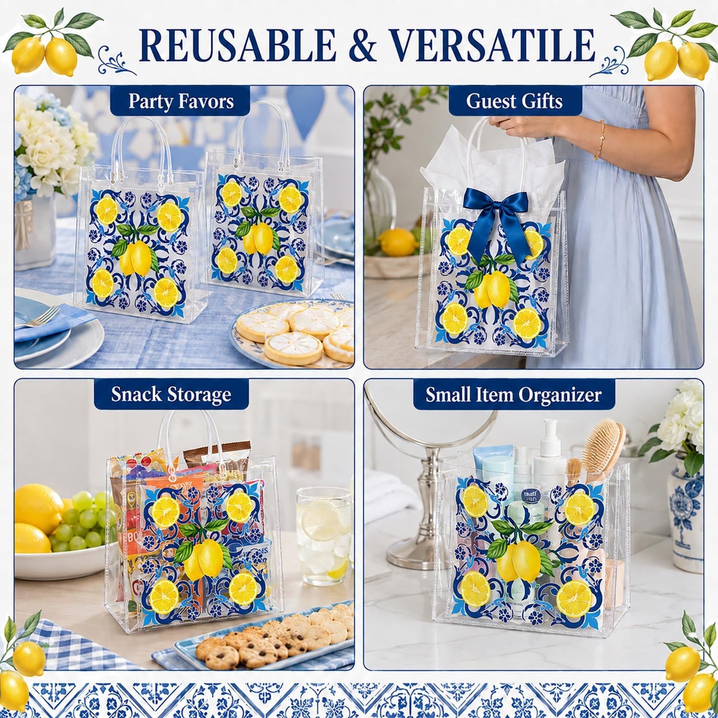 24 Pcs Capri Lemon Party Gift Bags Clear Blue Tiles Lemon Goodie Bags with Handle 8 x 8 x 3.15 Inch Return Gift Wrap Totes Italian Gifts for Women Guests Amalfi Coast Party Birthday Supplies