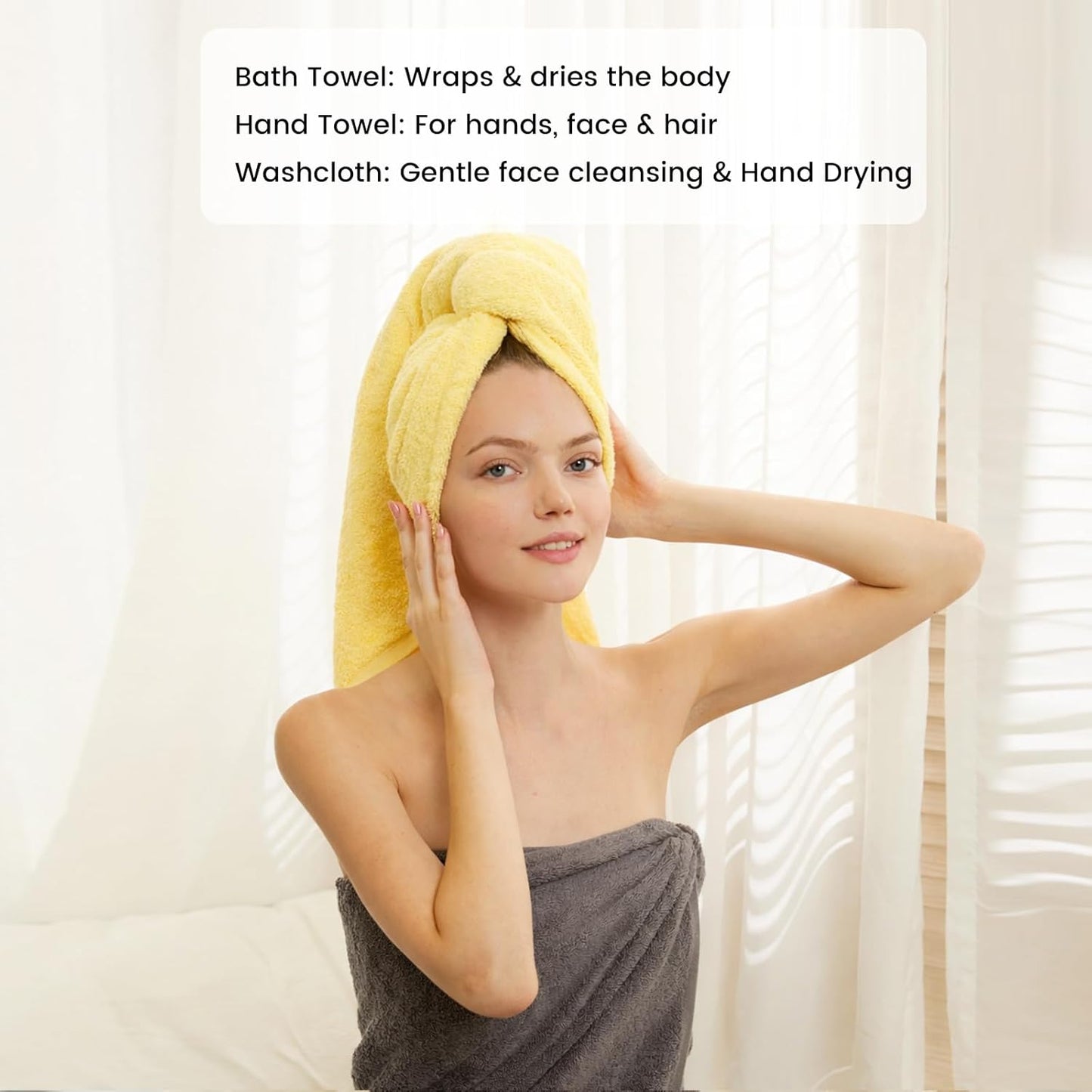 8-Piece Cotton Bath Towel Set with Hanging Loops for Bathroom, Yellow&Gray | Complete starter set for daily showers, sink-side use, small bathrooms, and guest baths, OEKO-TEX certified, easy care