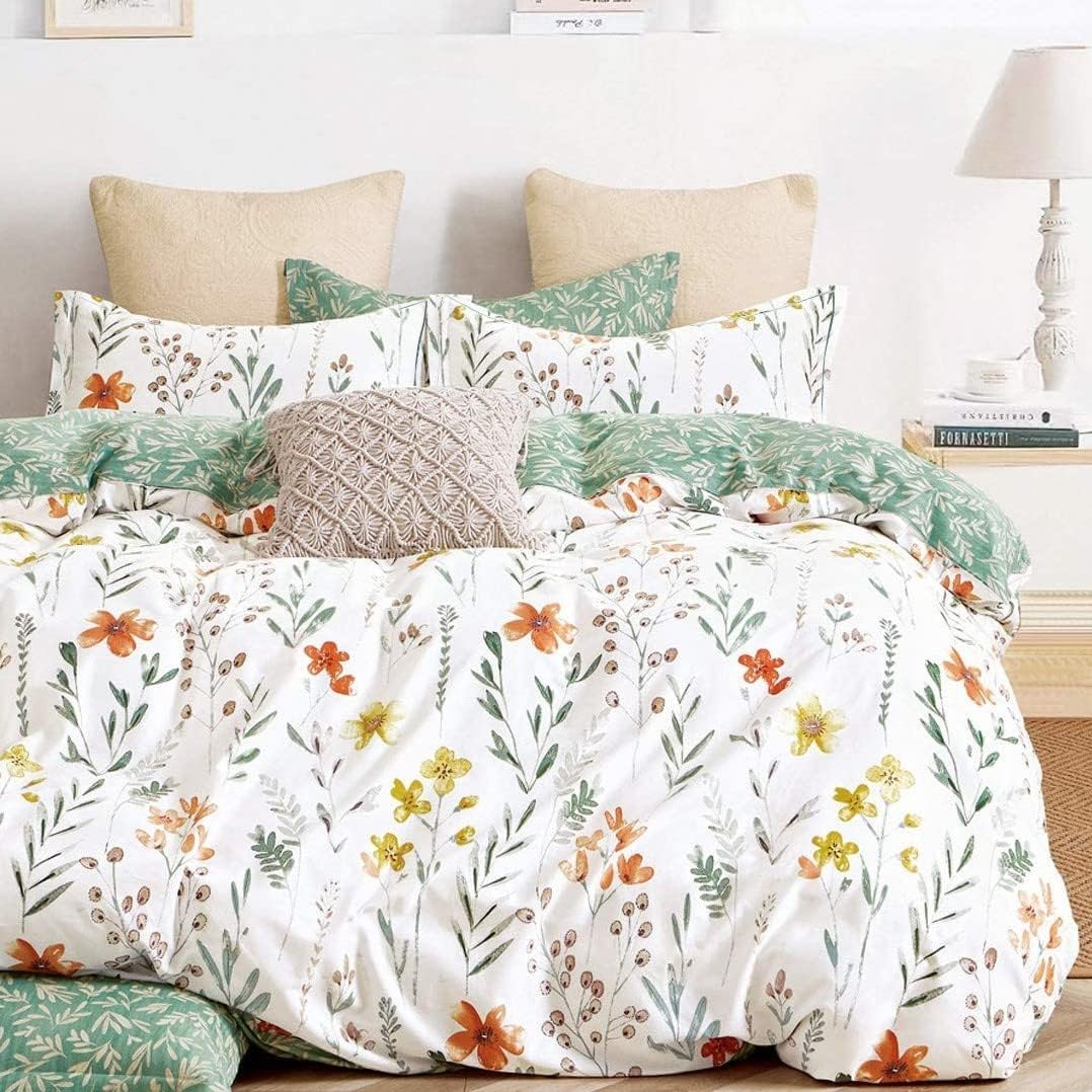 Queen Size Comforter Set Yellow Flowers & Green Botanical Pattern Printed on White 100% Cotton Fabric, Ultra Soft Microfiber Inner Fill 3Pcs Bedding Set