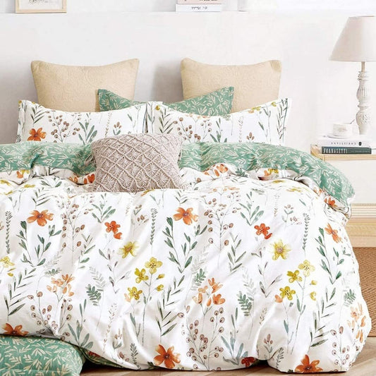 Queen Size Comforter Set Yellow Flowers & Green Botanical Pattern Printed on White 100% Cotton Fabric, Ultra Soft Microfiber Inner Fill 3Pcs Bedding Set