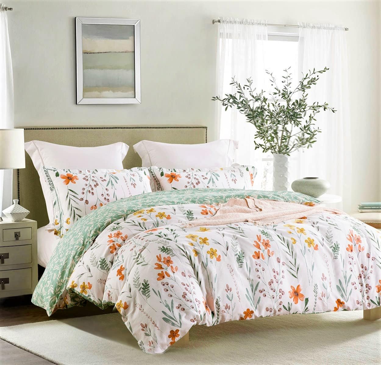 Queen Size Comforter Set Yellow Flowers & Green Botanical Pattern Printed on White 100% Cotton Fabric, Ultra Soft Microfiber Inner Fill 3Pcs Bedding Set
