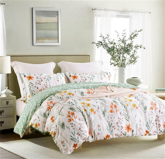 Queen Size Comforter Set Yellow Flowers & Green Botanical Pattern Printed on White 100% Cotton Fabric, Ultra Soft Microfiber Inner Fill 3Pcs Bedding Set