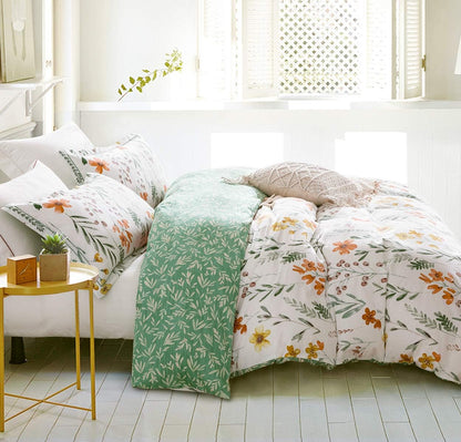 Queen Size Comforter Set Yellow Flowers & Green Botanical Pattern Printed on White 100% Cotton Fabric, Ultra Soft Microfiber Inner Fill 3Pcs Bedding Set