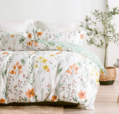 Queen Size Comforter Set Yellow Flowers & Green Botanical Pattern Printed on White 100% Cotton Fabric, Ultra Soft Microfiber Inner Fill 3Pcs Bedding Set