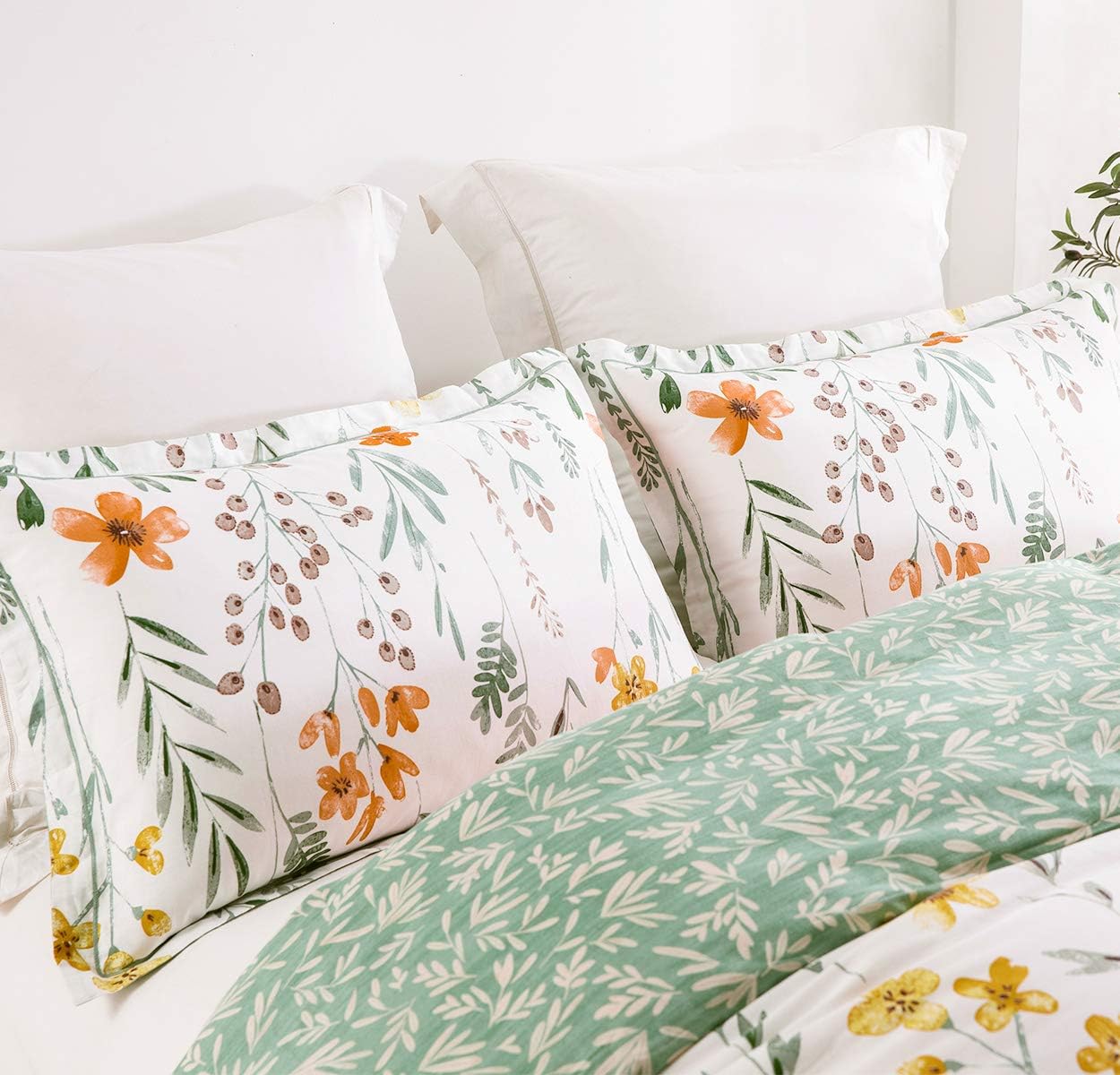 Queen Size Comforter Set Yellow Flowers & Green Botanical Pattern Printed on White 100% Cotton Fabric, Ultra Soft Microfiber Inner Fill 3Pcs Bedding Set