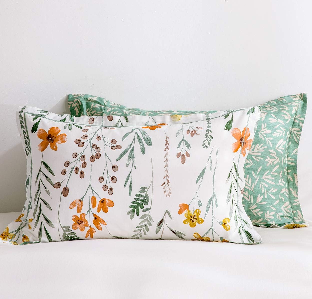 Queen Size Comforter Set Yellow Flowers & Green Botanical Pattern Printed on White 100% Cotton Fabric, Ultra Soft Microfiber Inner Fill 3Pcs Bedding Set