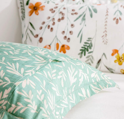 Queen Size Comforter Set Yellow Flowers & Green Botanical Pattern Printed on White 100% Cotton Fabric, Ultra Soft Microfiber Inner Fill 3Pcs Bedding Set