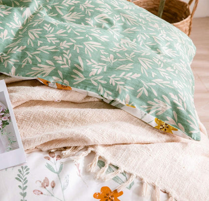 Queen Size Comforter Set Yellow Flowers & Green Botanical Pattern Printed on White 100% Cotton Fabric, Ultra Soft Microfiber Inner Fill 3Pcs Bedding Set