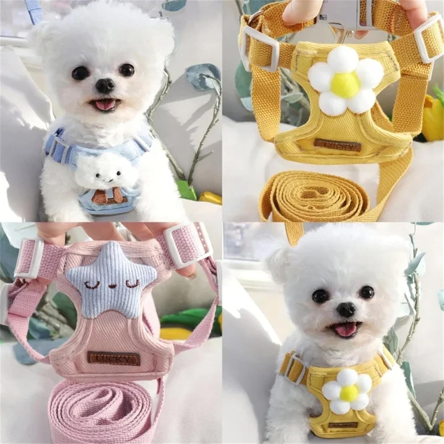 Dog Harness Backpack Cute Small Dog Vest Harness and Leash Set Plaid Soft Mesh Flower Pattern Dog Harness with Adjustable Travel Leash for Puppy Small Tiny Small Medium Dogs (Large, Yellow Flower)
