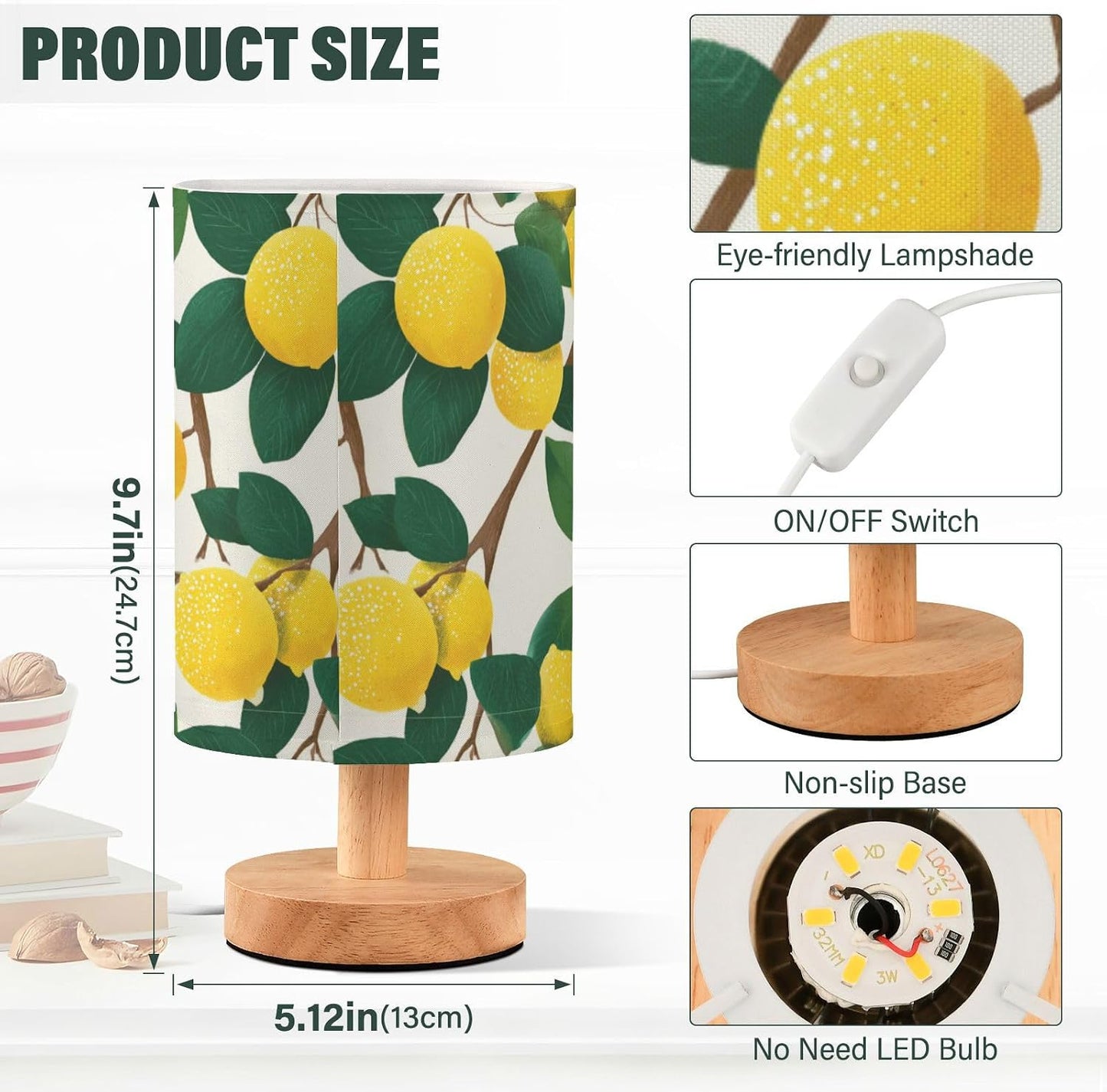 Bedside Table Lamp Lemon Yellow Citrus Fruits (90) Kids Nightstand Lamp Night Light Fabric Shade for Bedroom Living Room Home Office