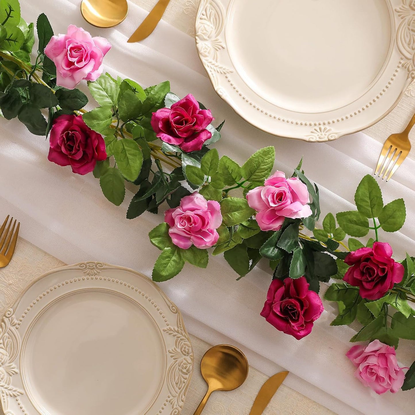 JUSTOYOU Artificial Rose Vines Yellow Flowers Garland Hanging Silk Rose Vine for Wedding Home Office Arch Arrangement Decoration 7.6FT(2PCS)