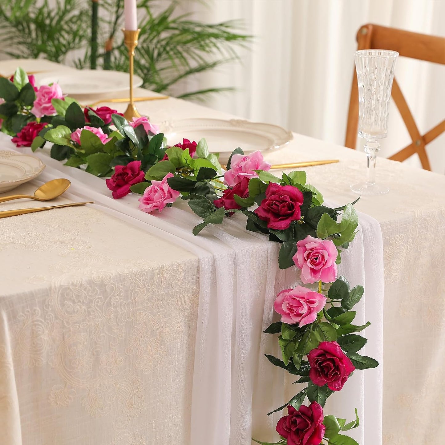 JUSTOYOU Artificial Rose Vines Yellow Flowers Garland Hanging Silk Rose Vine for Wedding Home Office Arch Arrangement Decoration 7.6FT(2PCS)