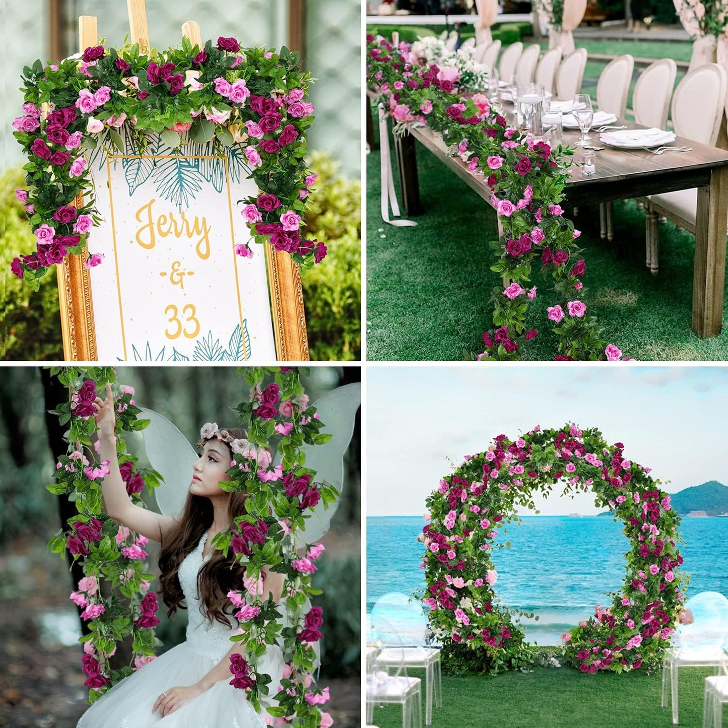 JUSTOYOU Artificial Rose Vines Yellow Flowers Garland Hanging Silk Rose Vine for Wedding Home Office Arch Arrangement Decoration 7.6FT(2PCS)