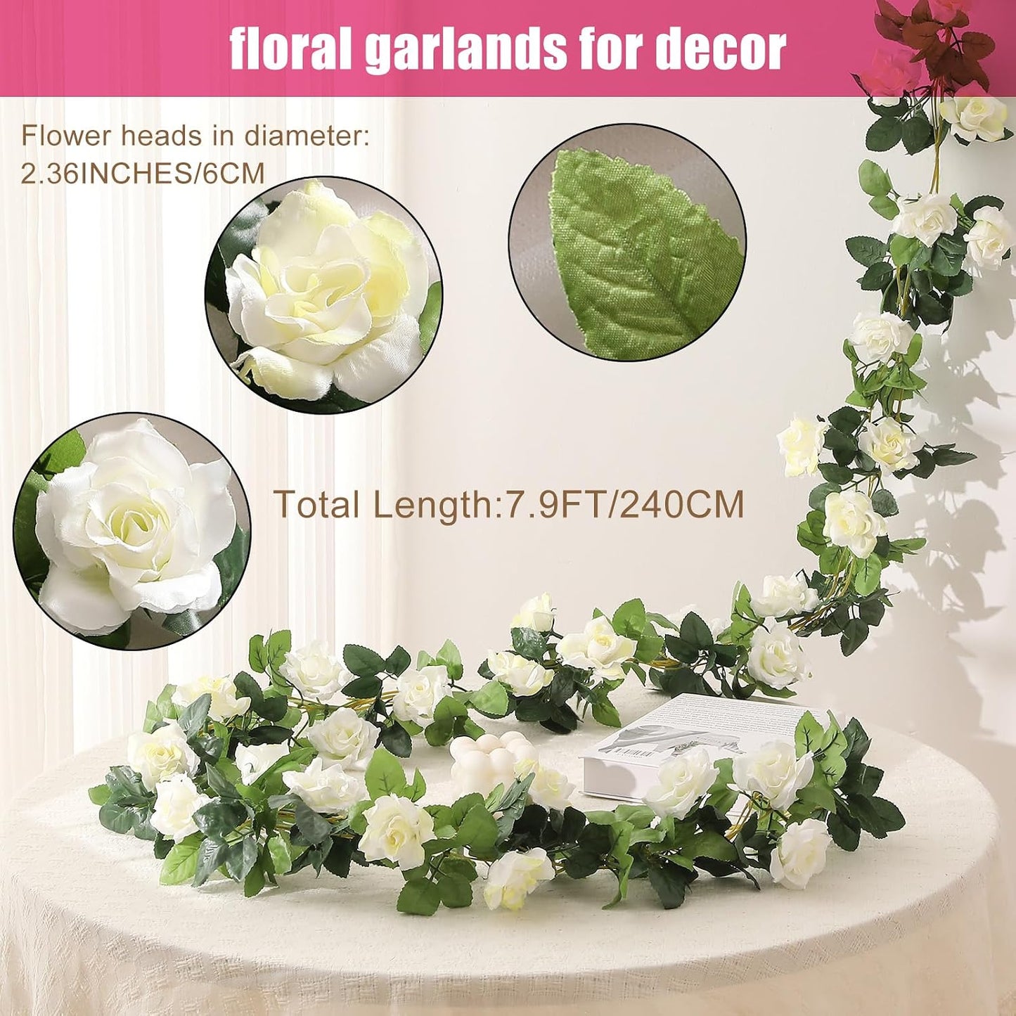 JUSTOYOU Artificial Rose Vines Yellow Flowers Garland Hanging Silk Rose Vine for Wedding Home Office Arch Arrangement Decoration 7.6FT(2PCS)