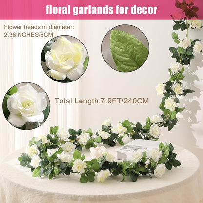 JUSTOYOU Artificial Rose Vines Yellow Flowers Garland Hanging Silk Rose Vine for Wedding Home Office Arch Arrangement Decoration 7.6FT(2PCS)