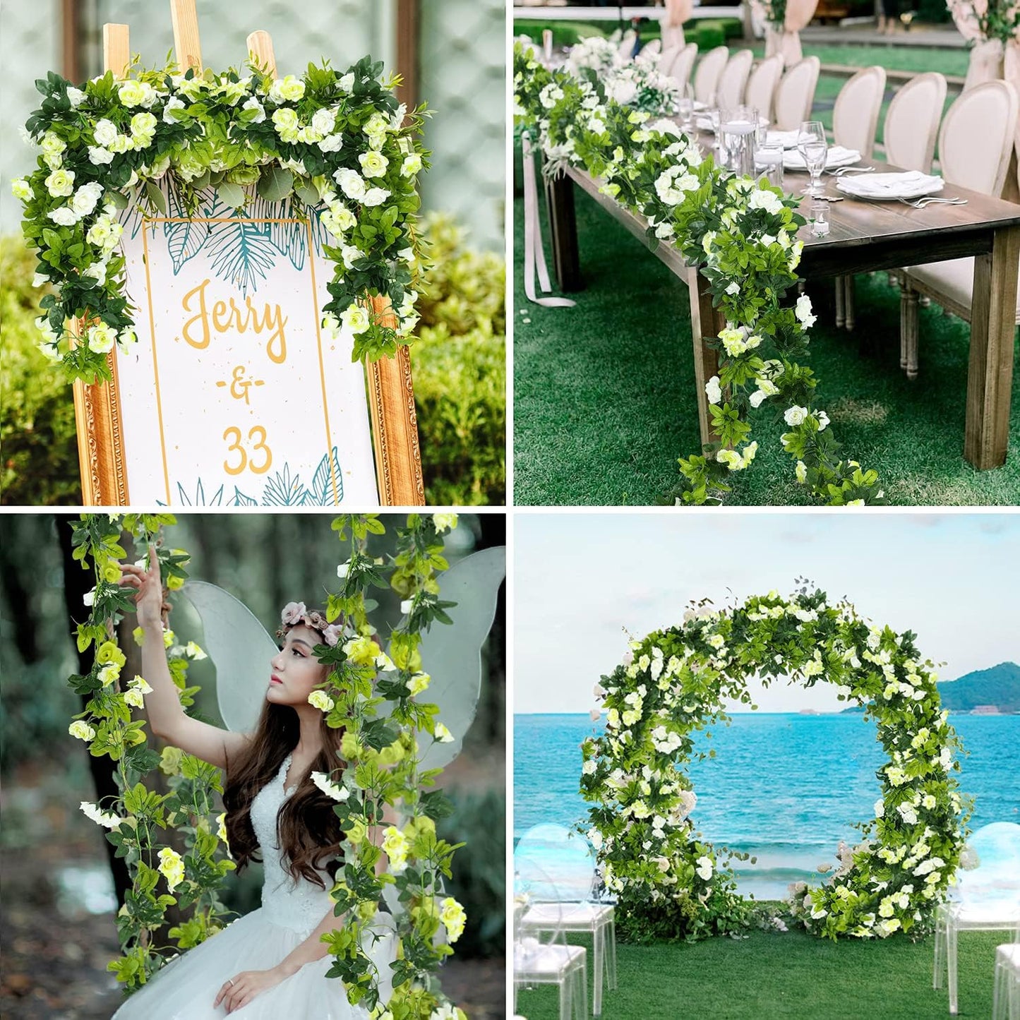 JUSTOYOU Artificial Rose Vines Yellow Flowers Garland Hanging Silk Rose Vine for Wedding Home Office Arch Arrangement Decoration 7.6FT(2PCS)